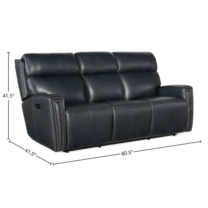 Salvo Denim Leather Reclining Sofa with Nailhead Trim