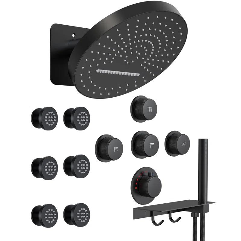 Wall Mounted Dual Thermostatic Shower Shower Faucet Set ,Waterfall & Rainfall Shower Head with Rough-In Valve