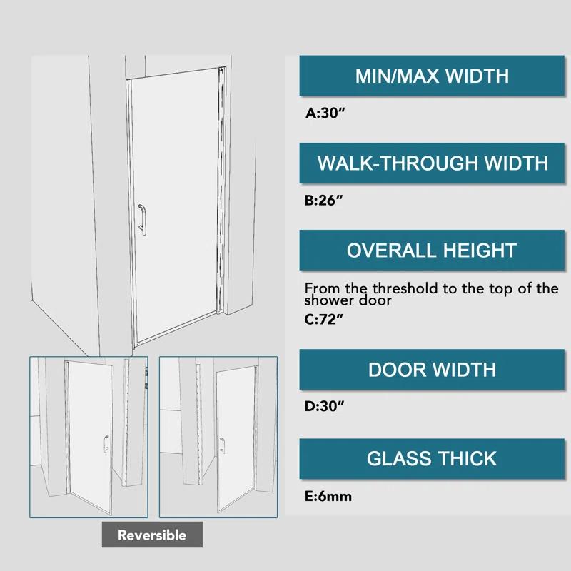 30'' - W x 72'' H Pivot Door Semi-Frameless Shower Door with