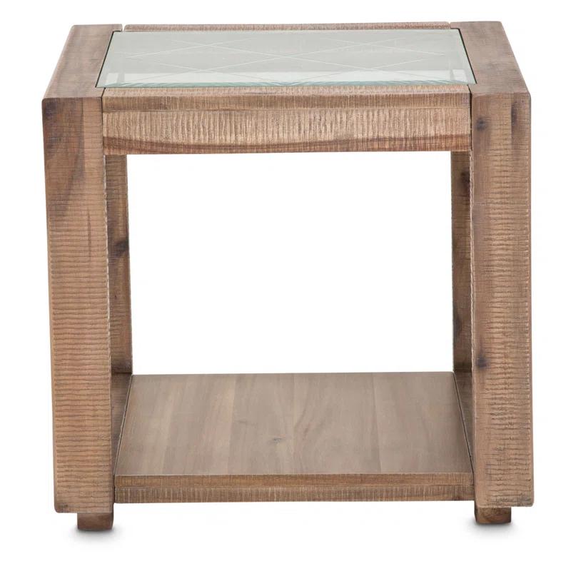 Elegant Hudson Driftwood Square End Table with Glass Shelf