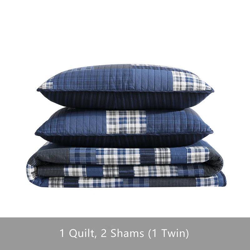 Full Blue Cotton Reversible Quilt Set