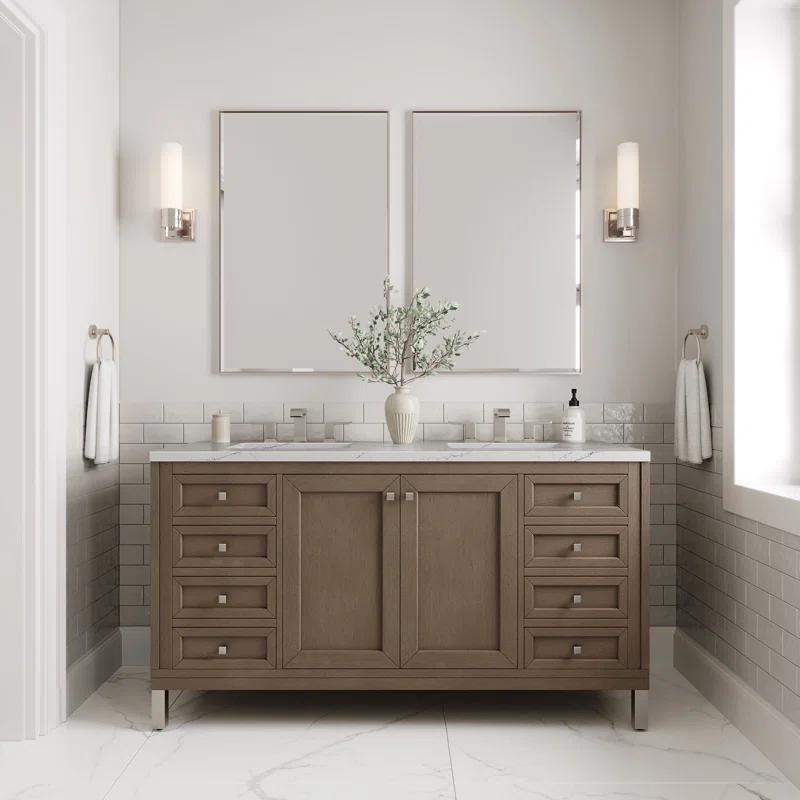 Walnut Whitewashed 60" Double Sink Vanity with Solid Surface Top