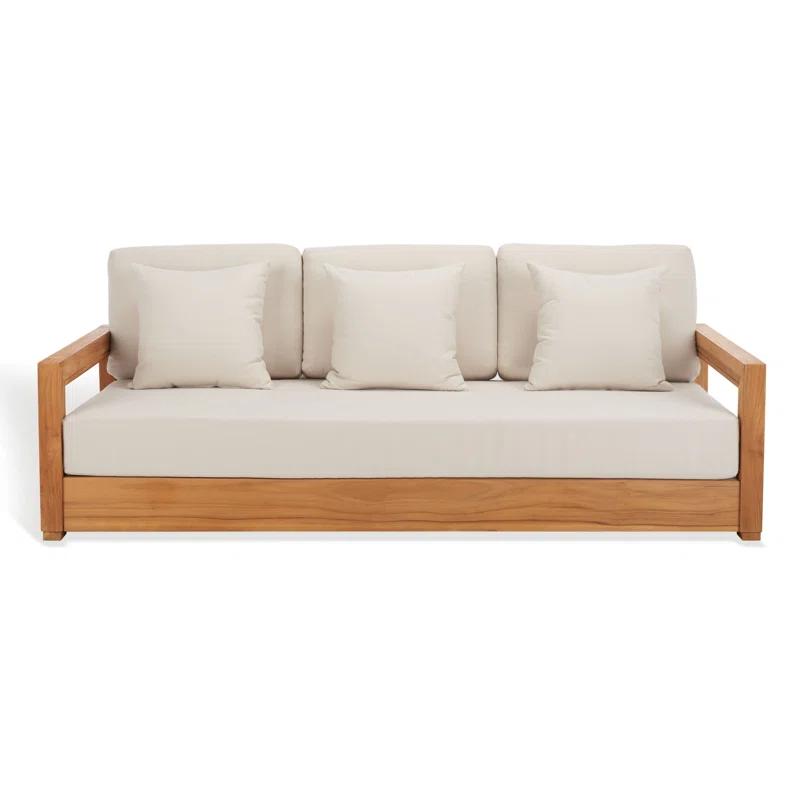 Huntington Teak and Off-White Fabric 3-Seat Outdoor Sofa