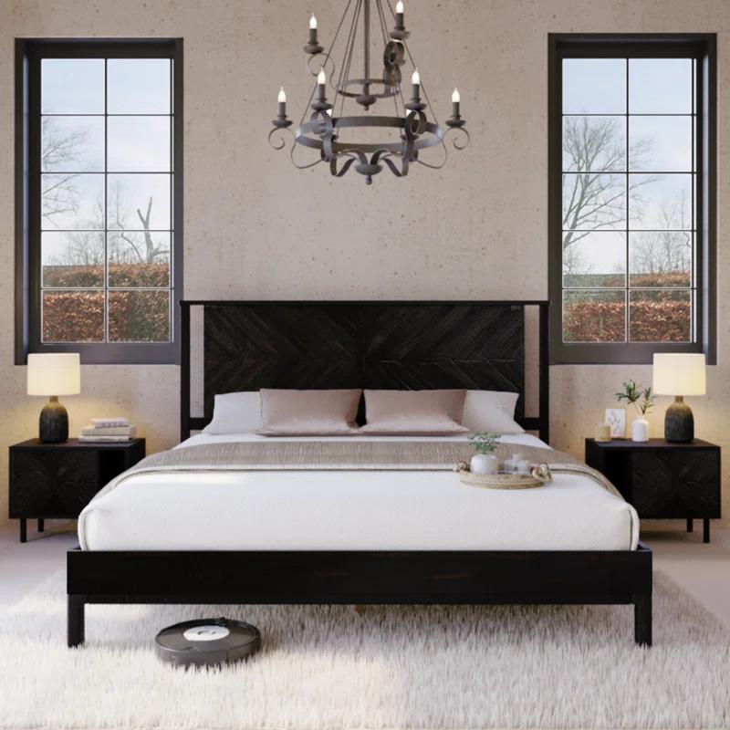 Vivian King Black Wood Bed Frame with Headboard