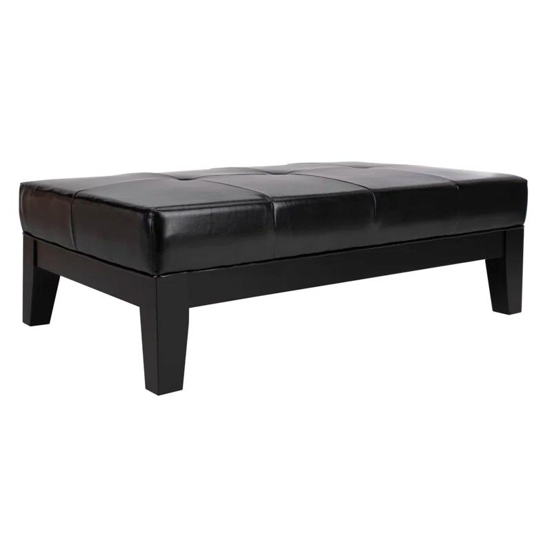 Black Tufted Leather Cocktail Ottoman with Beech Wood Frame