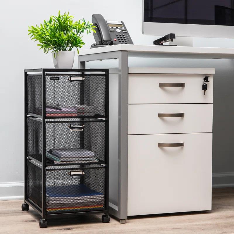 Minimalist Black Metal-Mesh 3-Drawer Mobile Storage Trolley