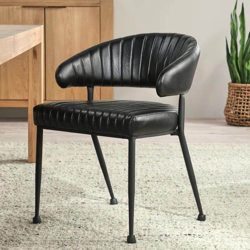 Sophisticated Jet Black Iron Frame Dining Chair with Top Grain Leather