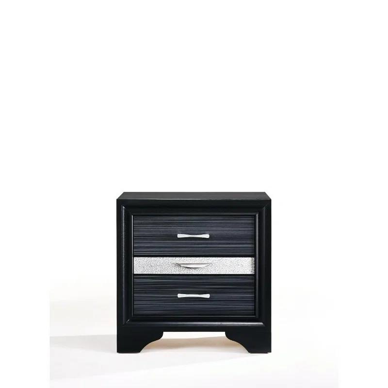 Elegant Glossy Black 3-Drawer Nightstand with Crystal Inserts