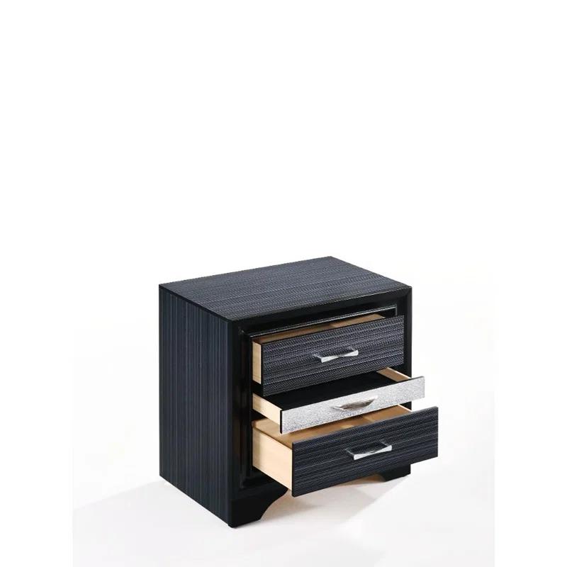 Elegant Glossy Black 3-Drawer Nightstand with Crystal Inserts