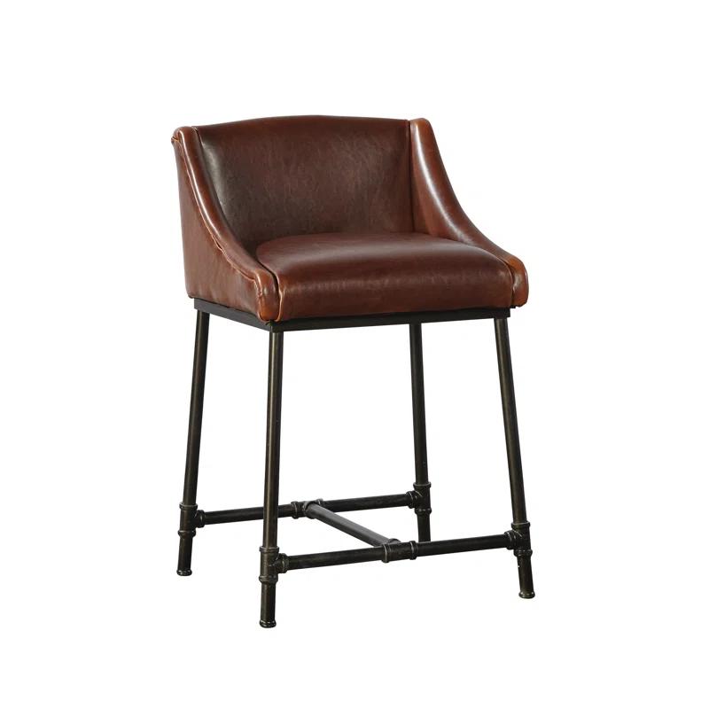 Transitional Brown Leather 19" Iron Pipe Counter Stool