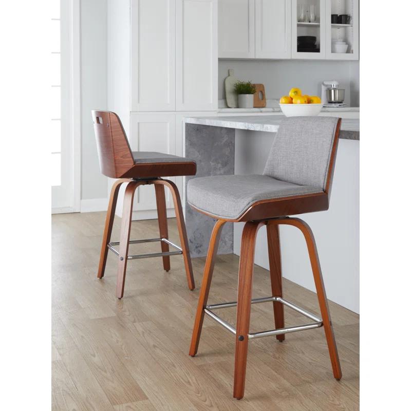 Walnut and Light Gray Swivel Counter Stool with Chrome Footrest