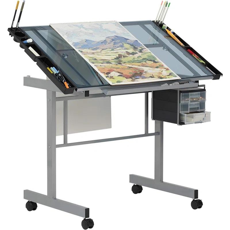 Silver-Blue Tempered Glass Craft & Drawing Desk with Adjustable Angle