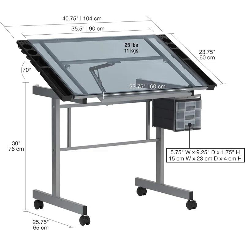Silver-Blue Tempered Glass Craft & Drawing Desk with Adjustable Angle