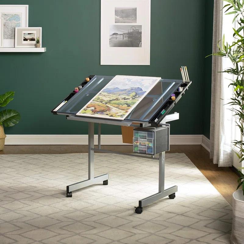 Silver-Blue Tempered Glass Craft & Drawing Desk with Adjustable Angle