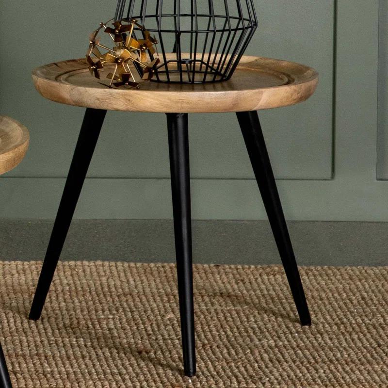 Contemporary Boho Round End Table with Trio Legs, Natural Wood & Black Metal