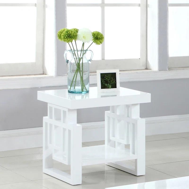 Transitional High Glossy White Wood & Metal End Table