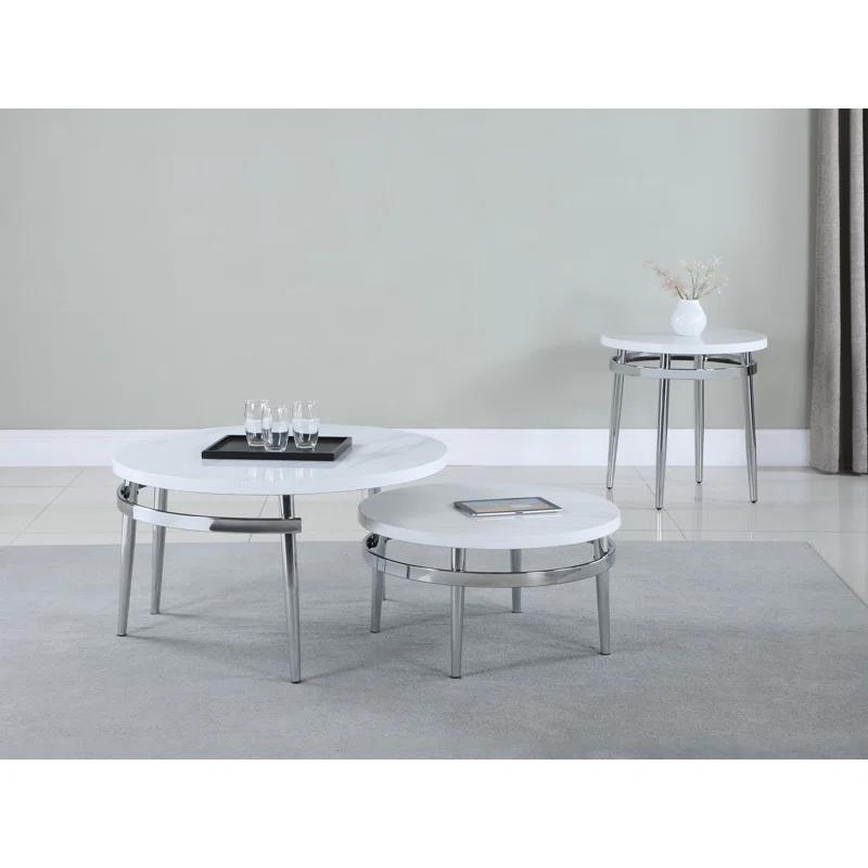 White Marble and Chrome Round Nesting Coffee Table Set