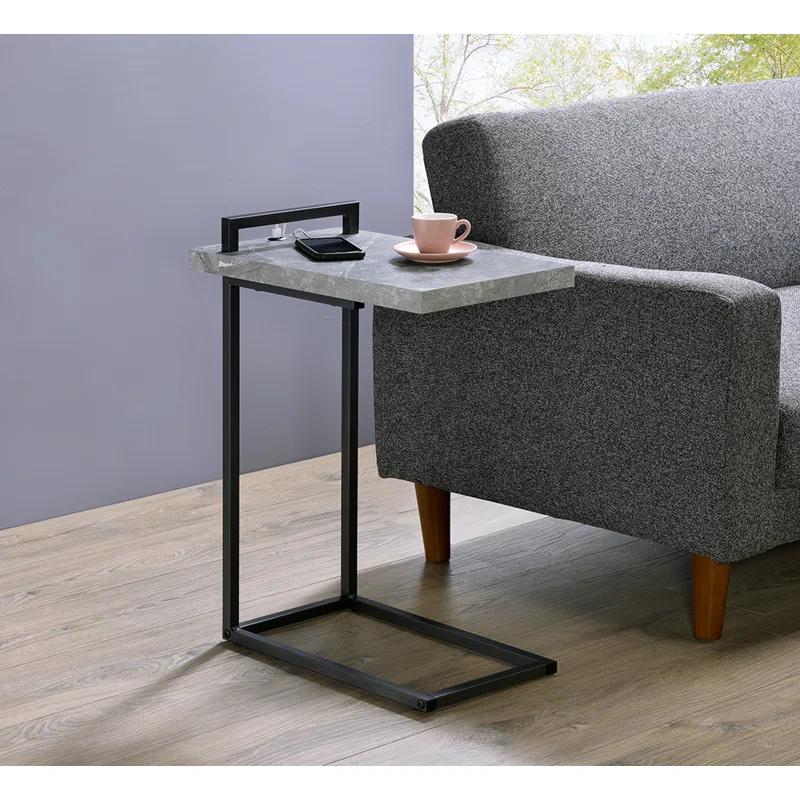 Maxwell C-Shaped Industrial Accent Table with USB Port in Gunmetal and Cement