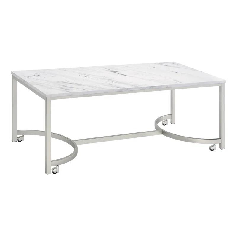 Contemporary Mobile Rectangular Coffee Table in Faux Marble and Satin Nickel