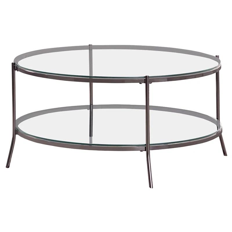 Modern Black Nickel Round Coffee Table with Glass Top