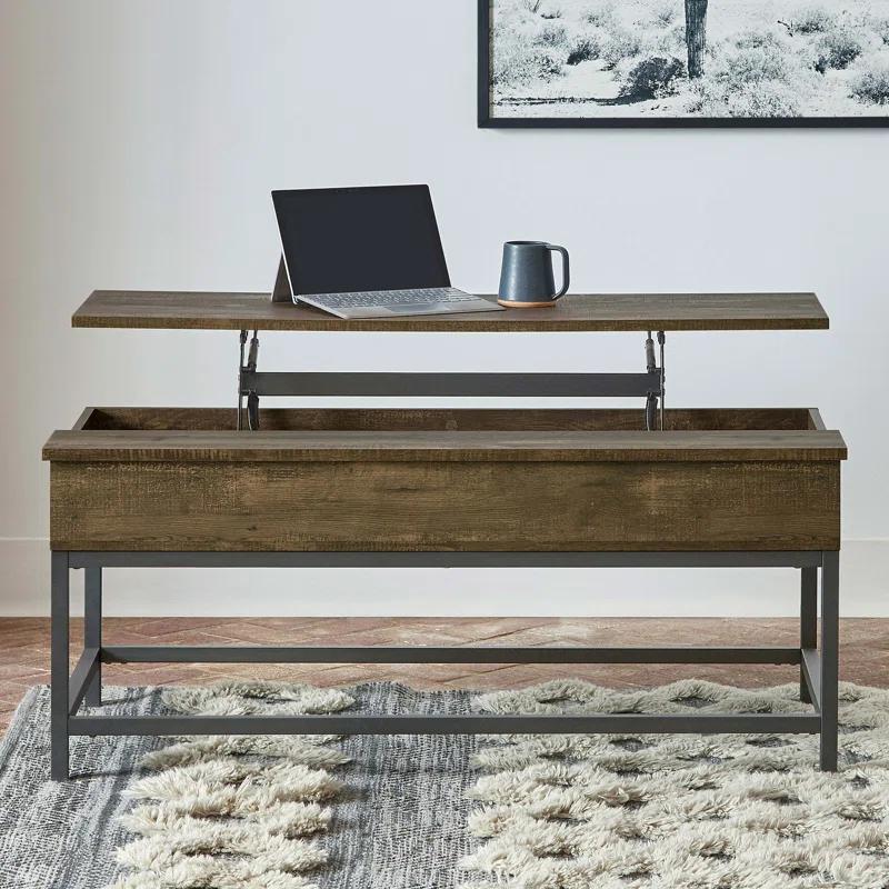 Transitional Brown Oak & Black Metal Lift-Top Coffee Table with Storage