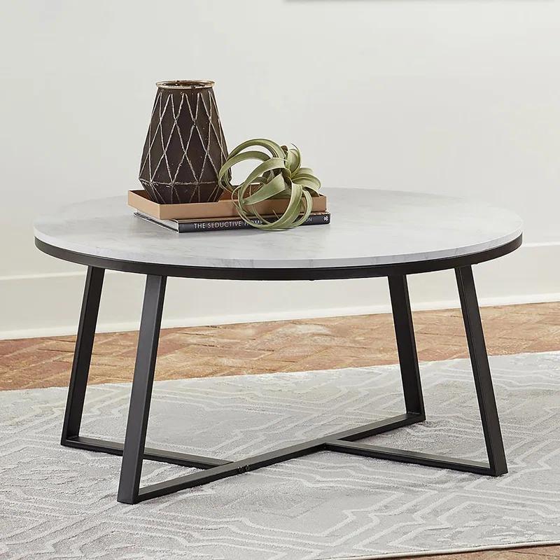 Contemporary 36" White Faux Marble & Matte Black Round Coffee Table