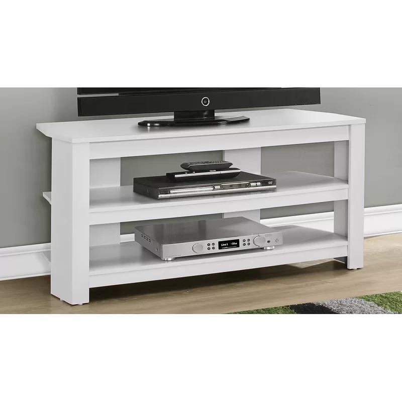 Modern White Corner TV Stand with Open Shelves and Cabinet