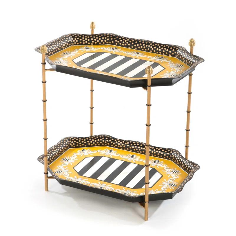 Queen Bee Black and Yellow Iron Brass Two-Tier Tray Table
