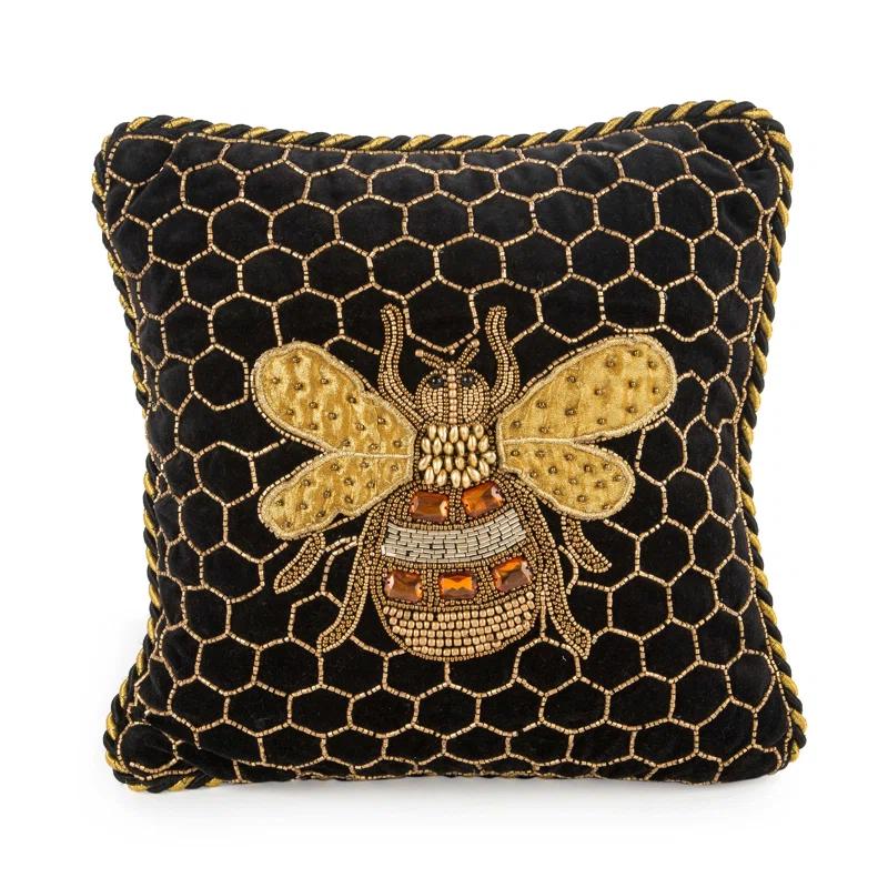 Kids' Square Velvet Pillow with Beaded Bee Design