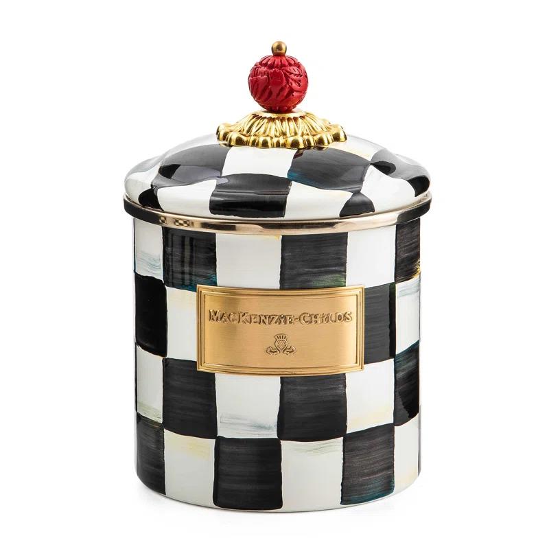 Small Black and White Checkered Enamel Canister with Brass Accents