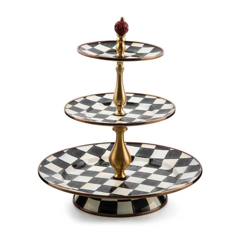 Courtly Check Round Multi-Color Tiered Sweet Stand with Brass Accents