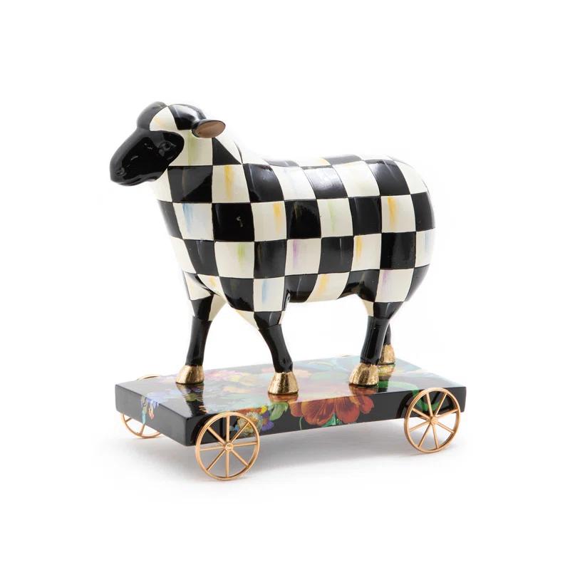 Gilded Hooves Courtly Check Sheep Decor with Black Flower Accents