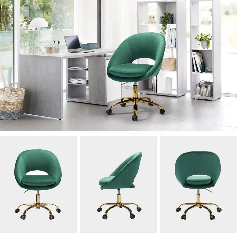 Ergonomic Green Velvet Swivel Task Chair with Metal Base