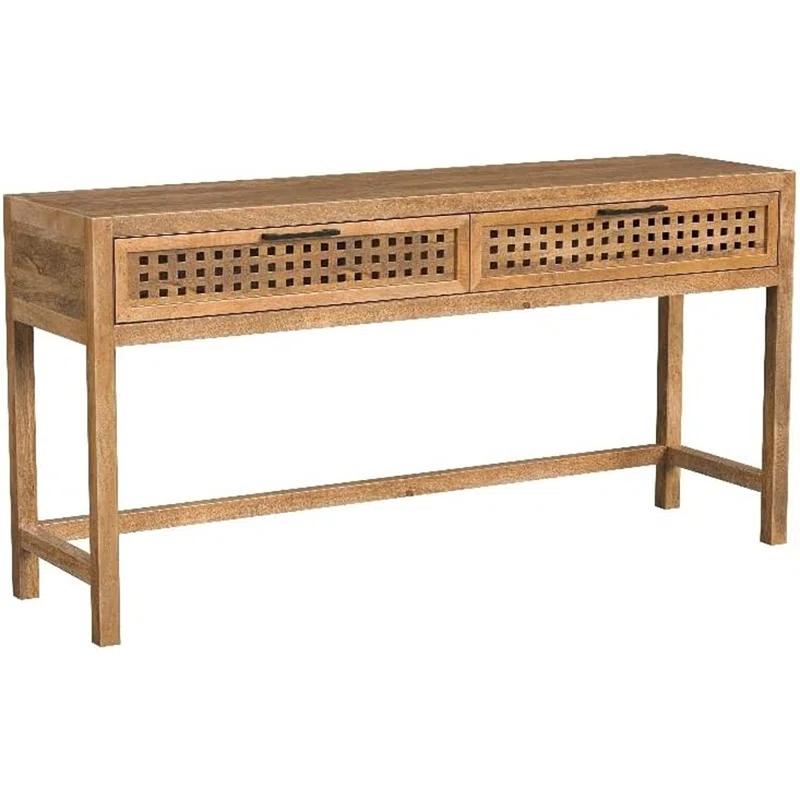 Coastal Charm 60'' Brown Mango Wood Console Table with Mirrored Fretwork