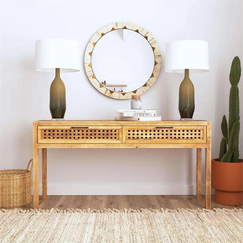Coastal Charm 60'' Brown Mango Wood Console Table with Mirrored Fretwork