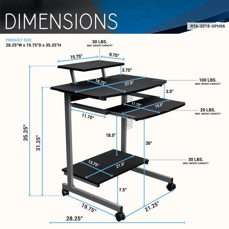 Graphite Wood and Steel Computer Cart with Keyboard Tray