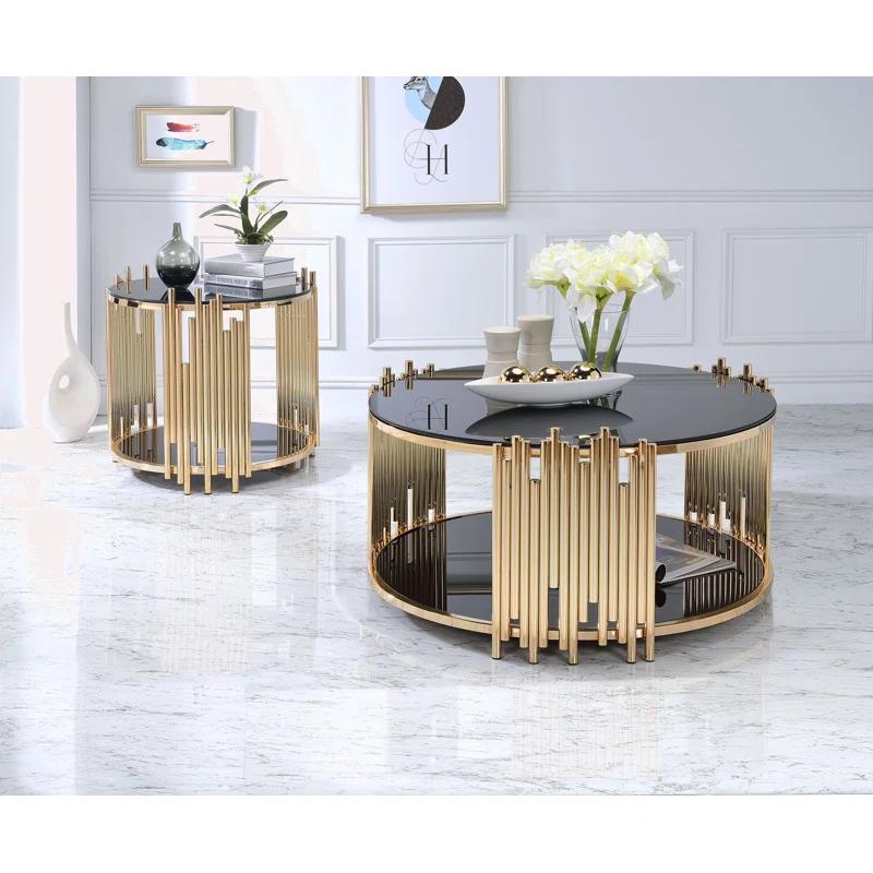 Tanquin 25" Round Black Glass & Gold Metal End Table