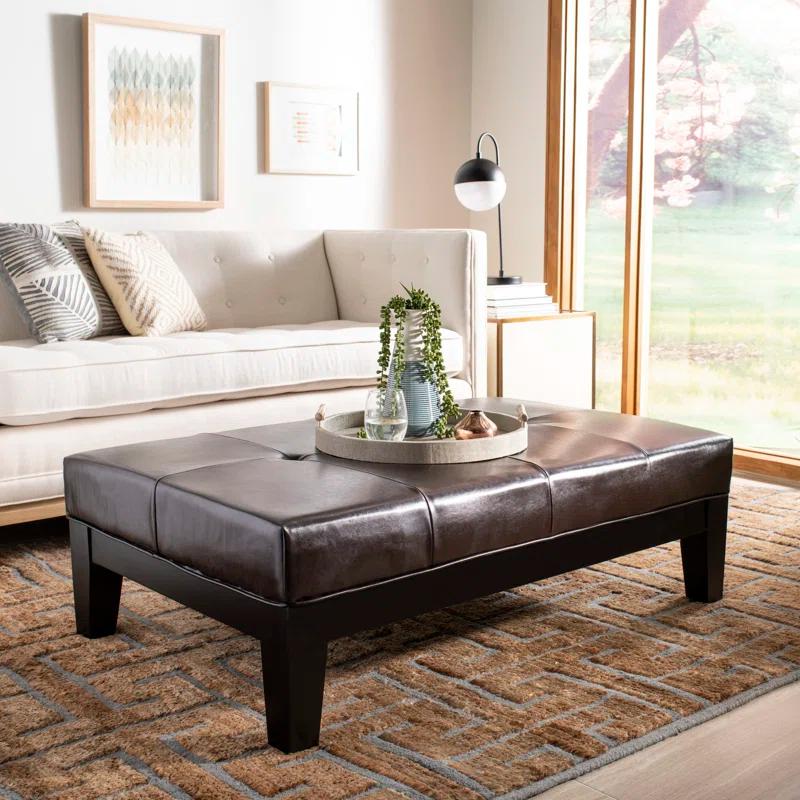 Transitional Tufted Cocktail Ottoman in Quilted Brown Faux Leather