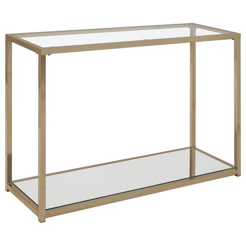 Gold Rectangular Glass and Metal Console Table with Mirrored Storage