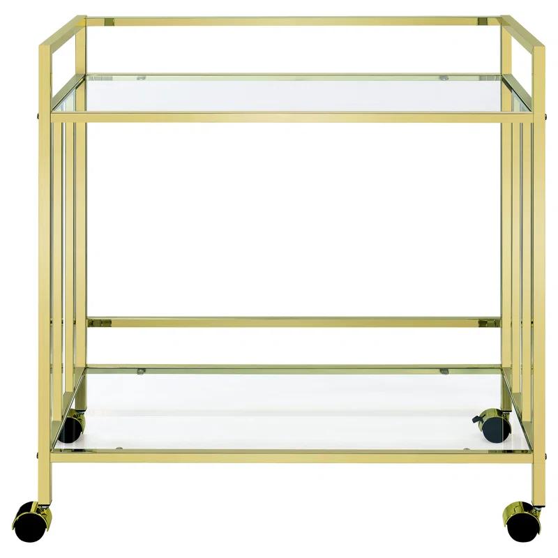 Cara Contemporary Gold Rectangular Bar Cart with Glass Shelves