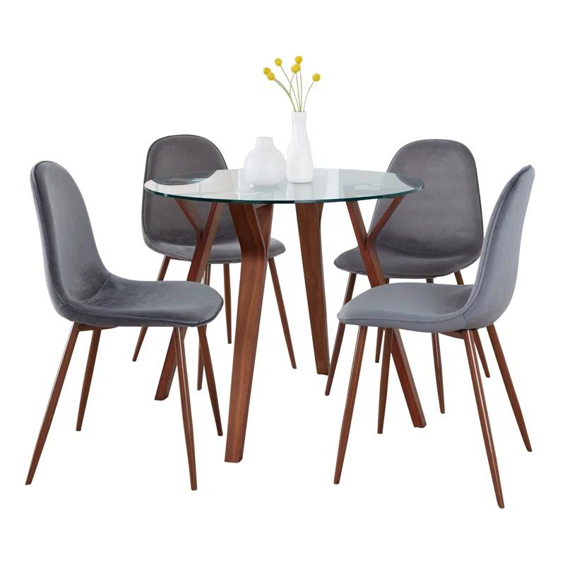 Gray Velvet and Walnut Glass Top Dining Set