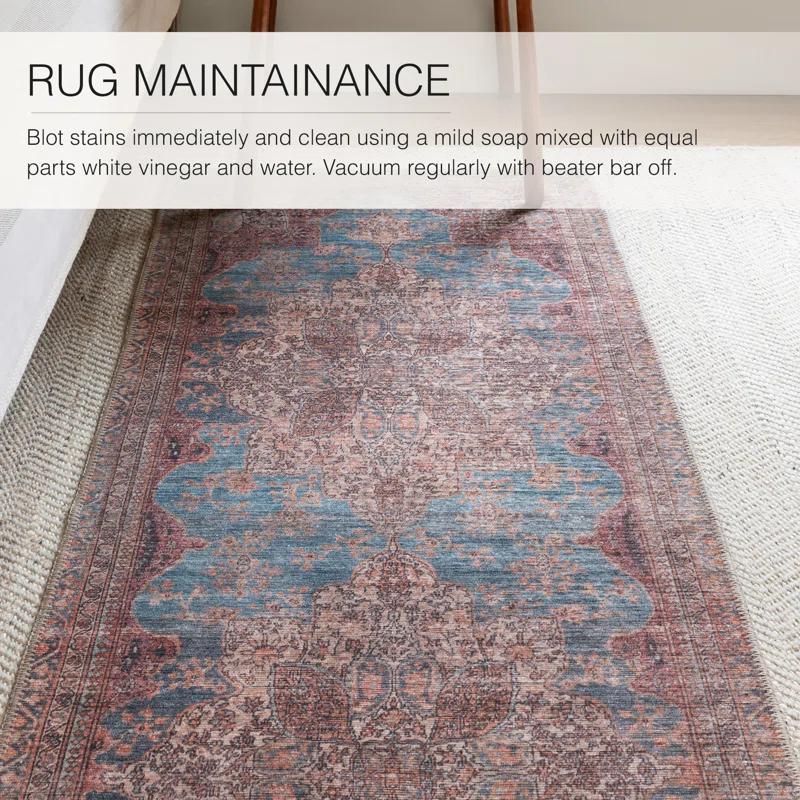 Washable Blue and Red Medallion Wool Rug