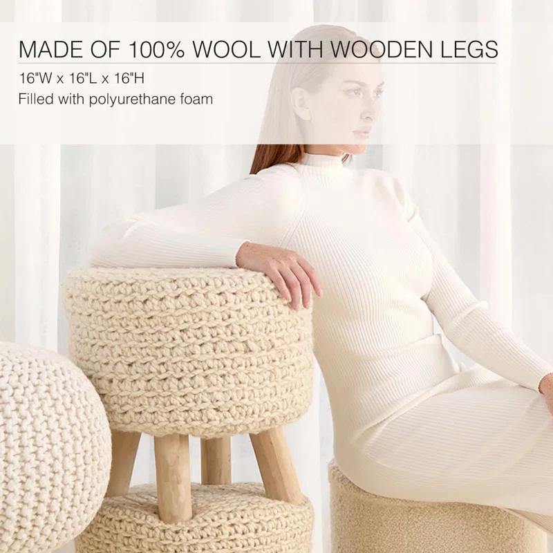 Scandinavian-Inspired Tufted Wool Pouf with Wooden Legs