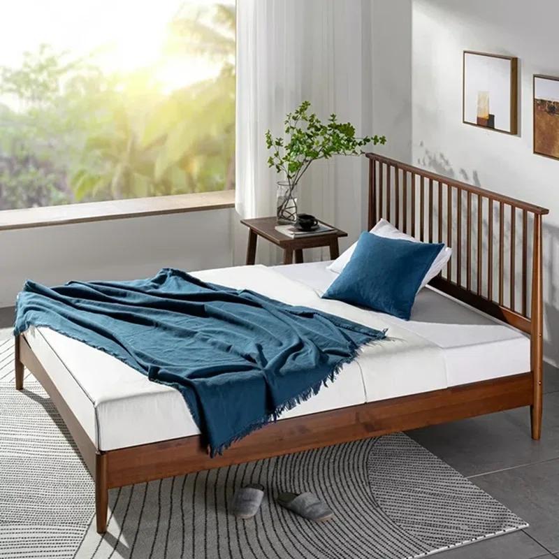 Elegant Linda Mid-Century Queen Platform Bed with Spindle Headboard, Pine