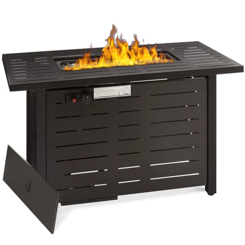 Elegant 42'' Dark Brown Steel Rectangular Gas Fire Pit Table with Glass Beads and Cover