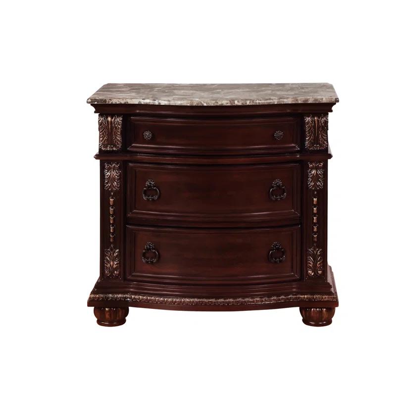Classic Marble-Top Brown Wooden Nightstand with 3 Drawers