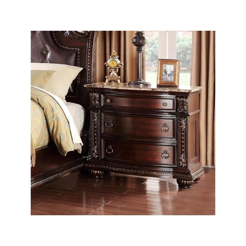 Classic Marble-Top Brown Wooden Nightstand with 3 Drawers