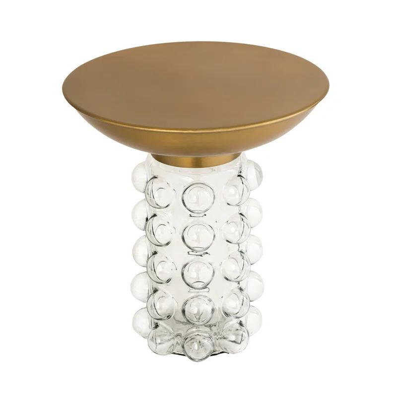 Chic Hollywood Glam Round Brass & Glass Bubble Pedestal Side Table