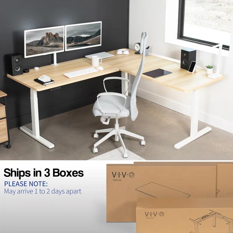 Electric Adjustable Corner Desk in Light Wood & White, 77" x 71"
