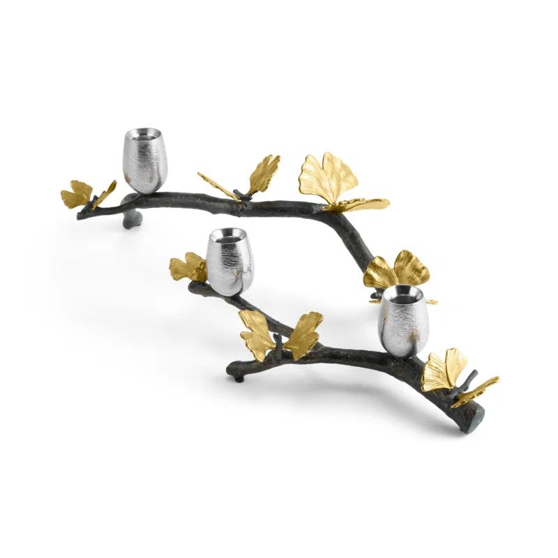 Butterfly Ginkgo Branch Brass and Nickel Candleholder